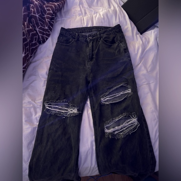 H&M Black Wide Leg High Waisted Jeans size 10 with rips - Picture 1 of 2